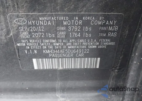 2013 Hyundai Elantra Gls from USA, damaged, VIN KMHDH4AE5DU649122